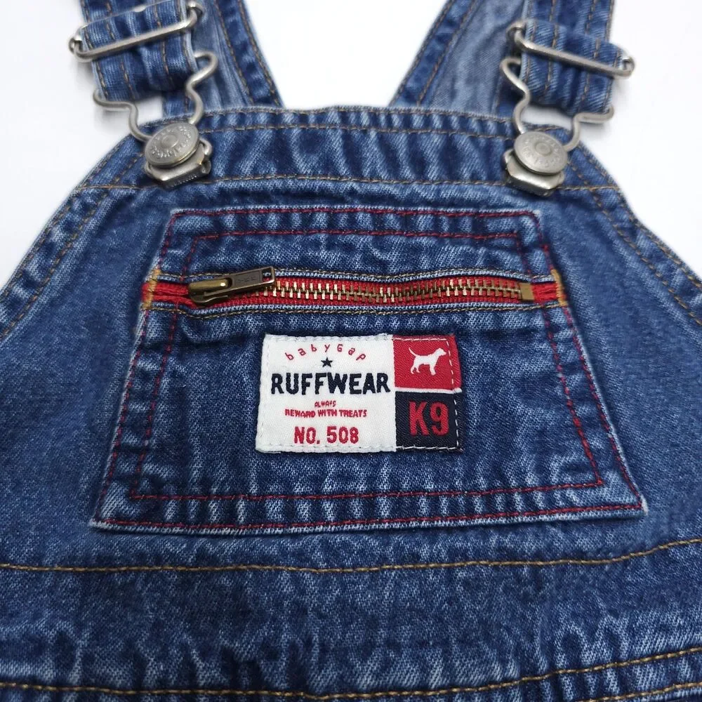 Vintage Gap Overalls 6-12 Months Ruff Wear Dog Patches Blue Denim
